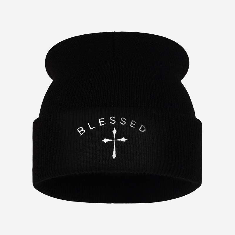 Beanie Cuffed Knit - Шапка-бини с вышитым крестом, зимняя вязаная