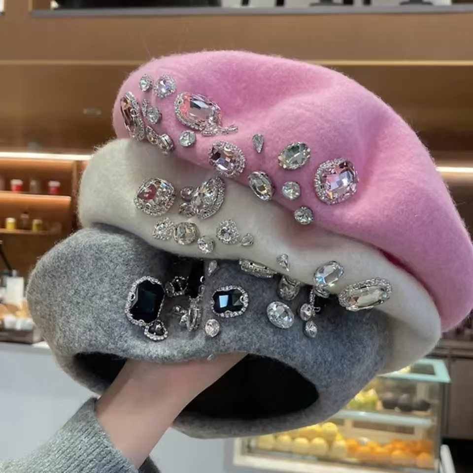 Beret French Wool - Французский берет, толстый декор со стразами,