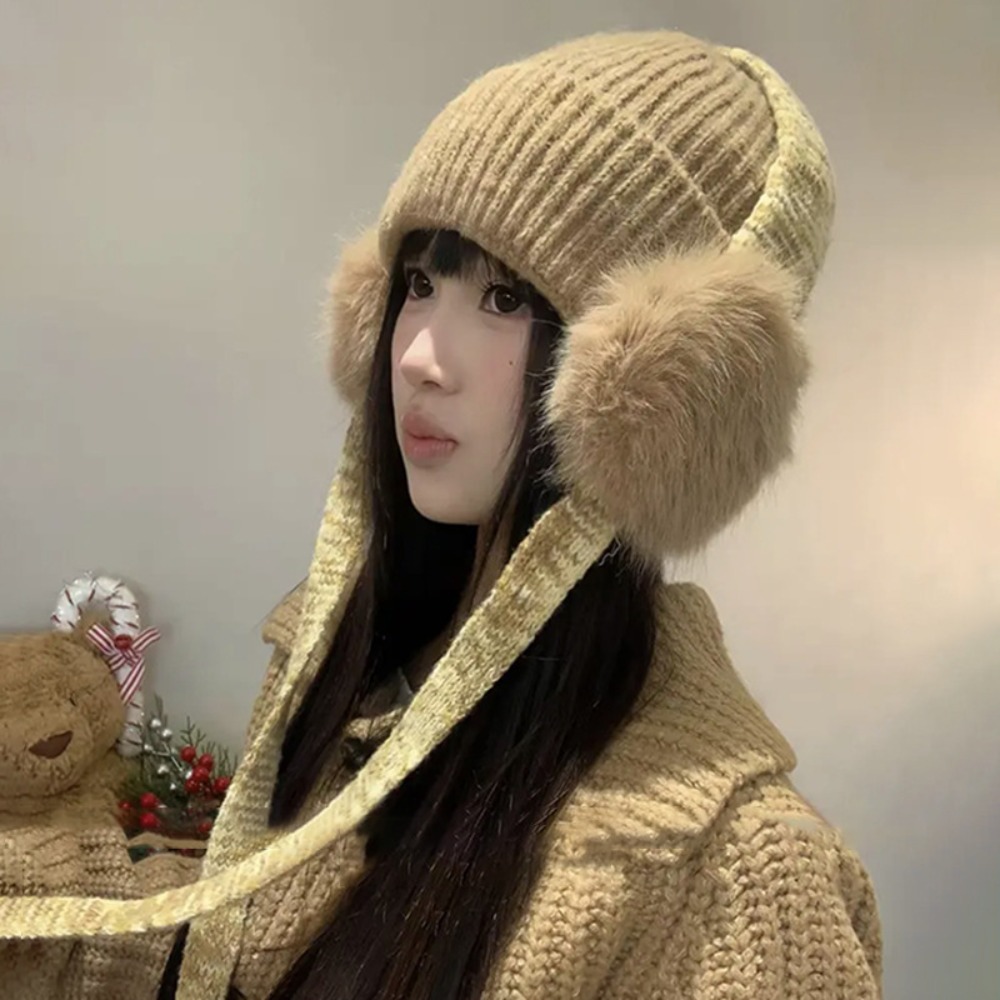 Beanie Cuffed Knit - Вязаная шапка-бини в ретро-стиле с ушками,