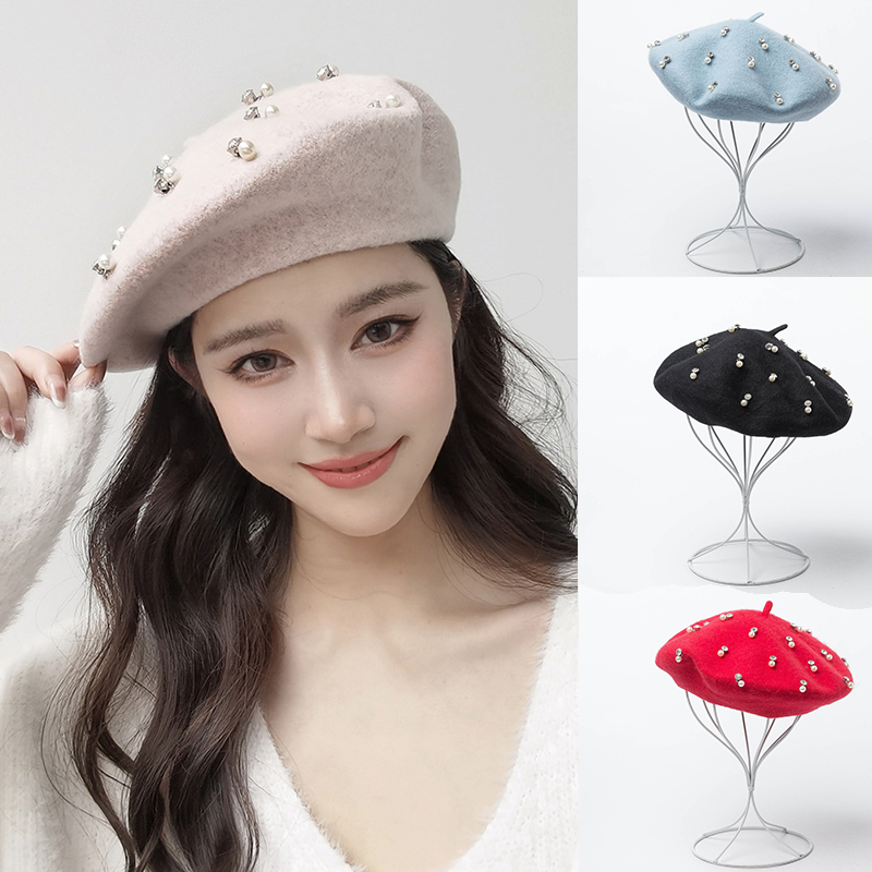 Beret French Wool - Модный зимний шерстяной берет с жемчугом