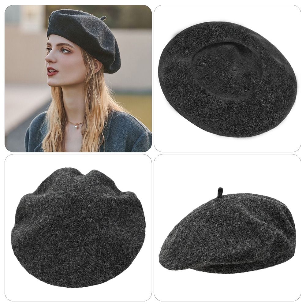 Beret French Wool - Осенне-зимняя теплая шерстяная шапка-берет, однотонная, в