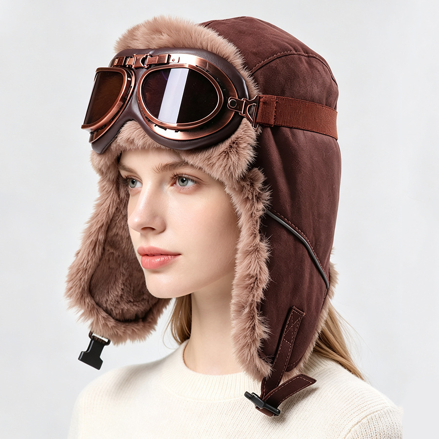 Winter Trapper Hat - Винтажная пилотская шапка с очками, толстая,
